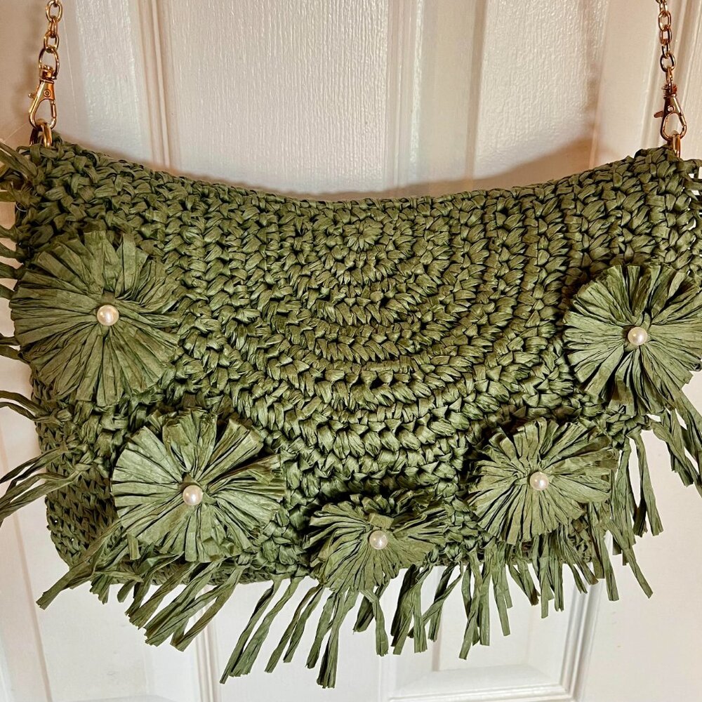 Urban Expressions Green Straw Crossbody Handbag Purse - Picture 2 of 4